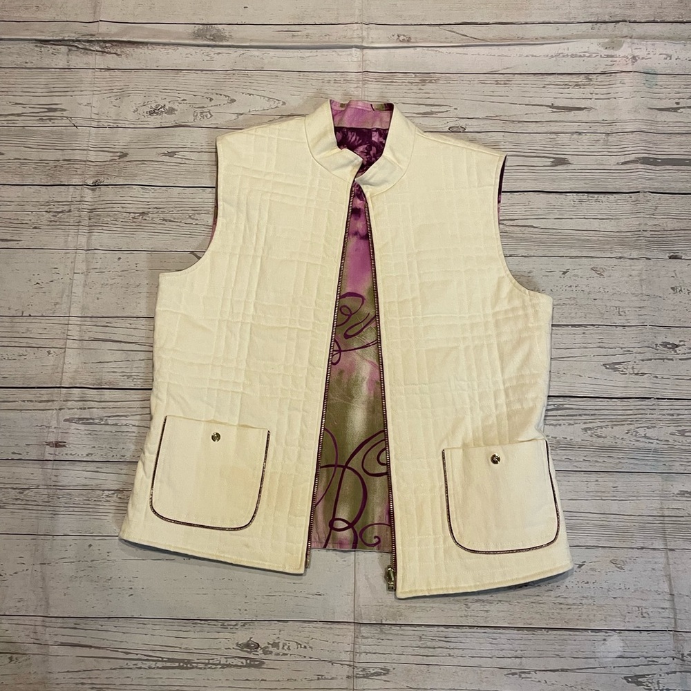 😍 St John Cream Purple Olive Green Reversible Vest with Pockets size Small
